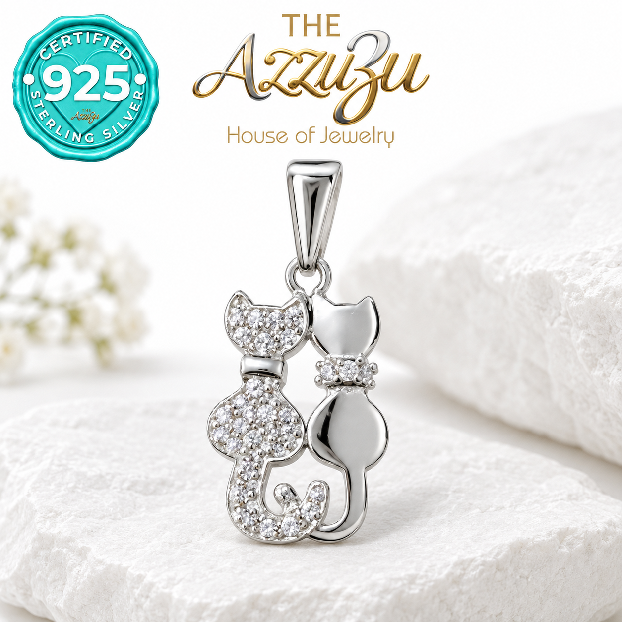 The AzzuZu Two Cats Zirconia Pendant in .925 Sterling Silver