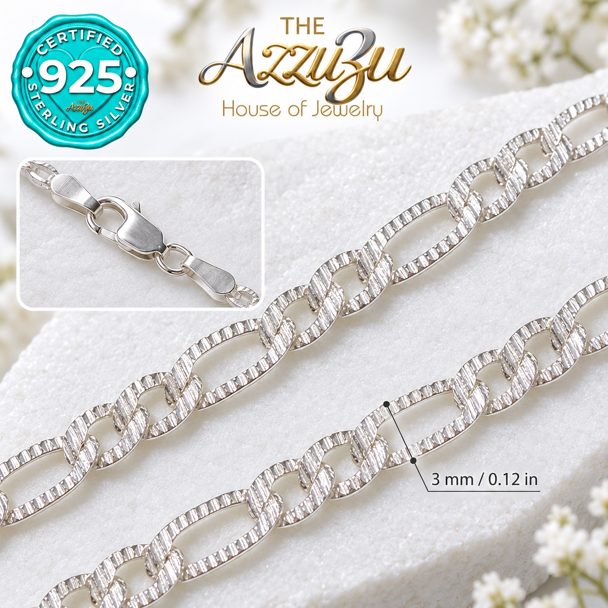 The AzzuZu Diamond-Cut Figaro Chain in .925 Sterling Silver — 3 mm
