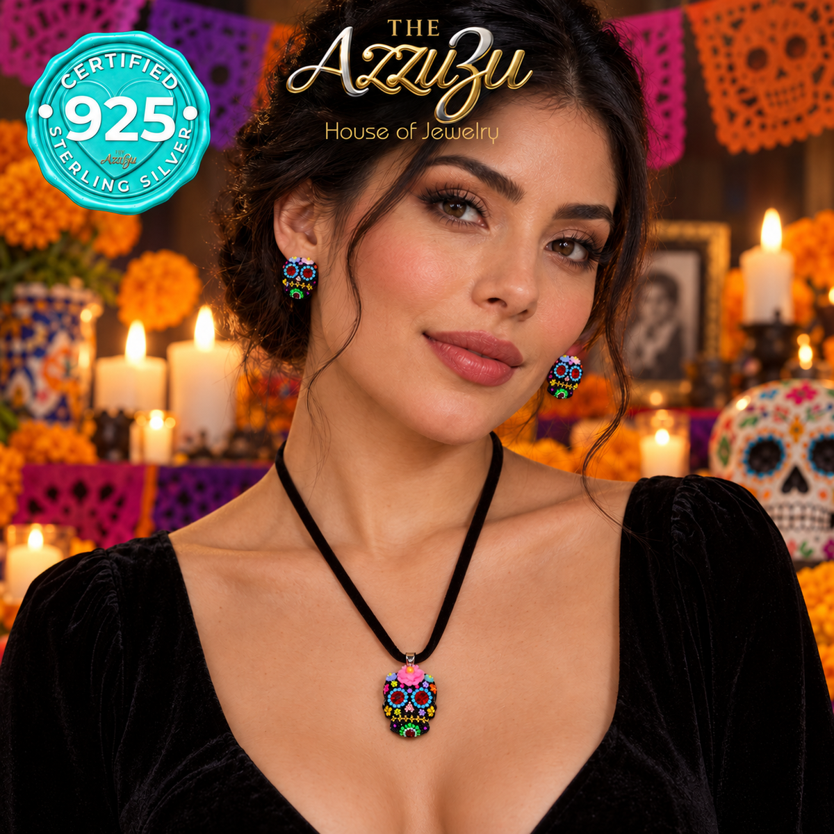The AzzuZu Catrina Bloom Turquoise Blue & Red Sugar Skull Pendant & Earring Set in .925 Sterling Silver
