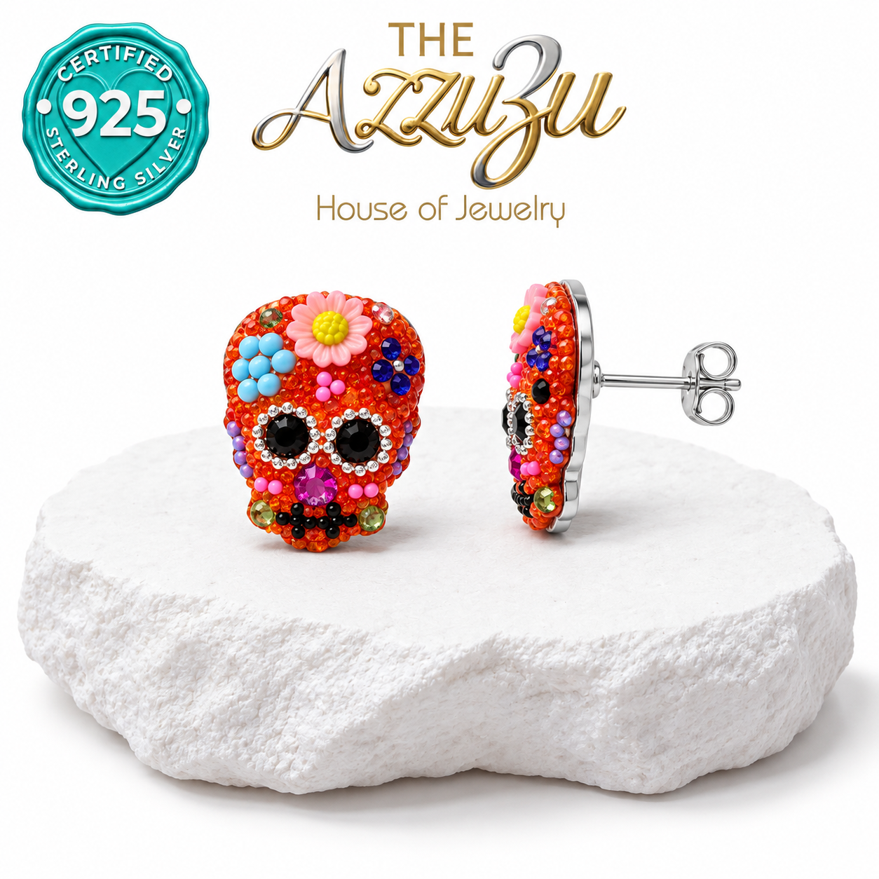 The AzzuZu Catrina Fiesta Orange & Pink Sugar Skull Stud Earrings in .925 Sterling Silver