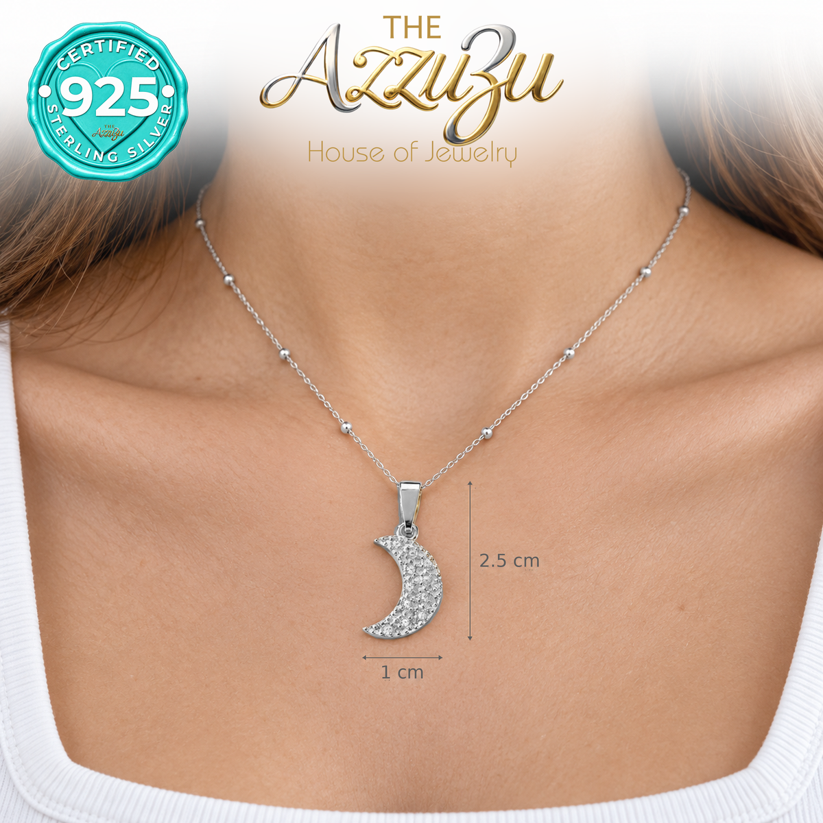 The AzzuZu Crescent Moon Zirconia Pendant in .925 Sterling Silver