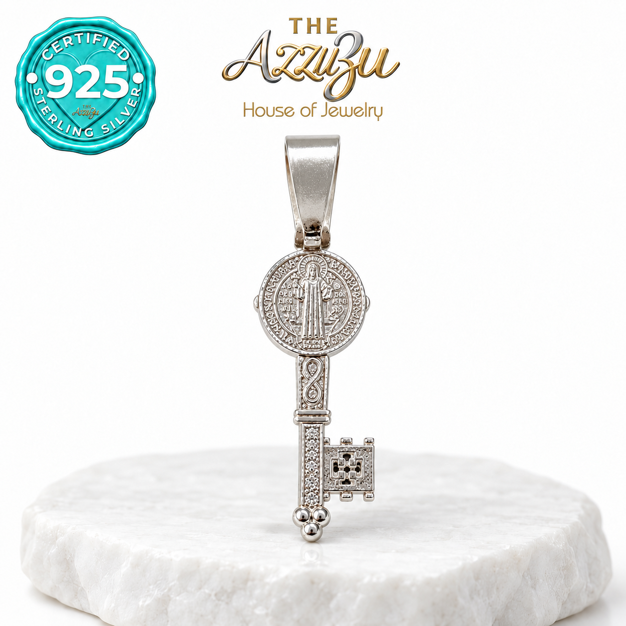 The AzzuZu Saint Benedict Medal Key Pendant in .925 Sterling Silver
