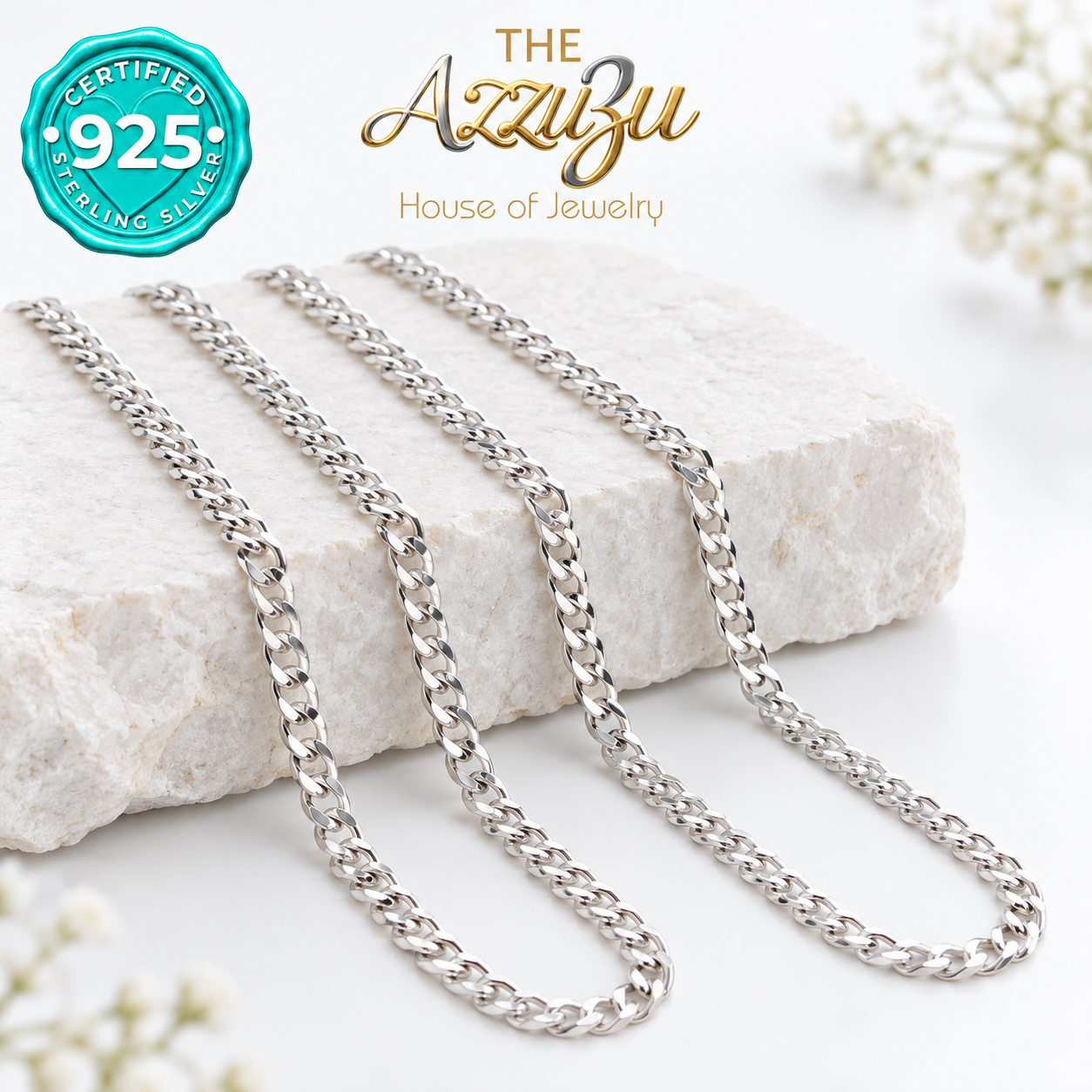 The AzzuZu Classic Diamond-Cut Cuban/Miami Link Chain in .925 Sterling Silver — 4 mm