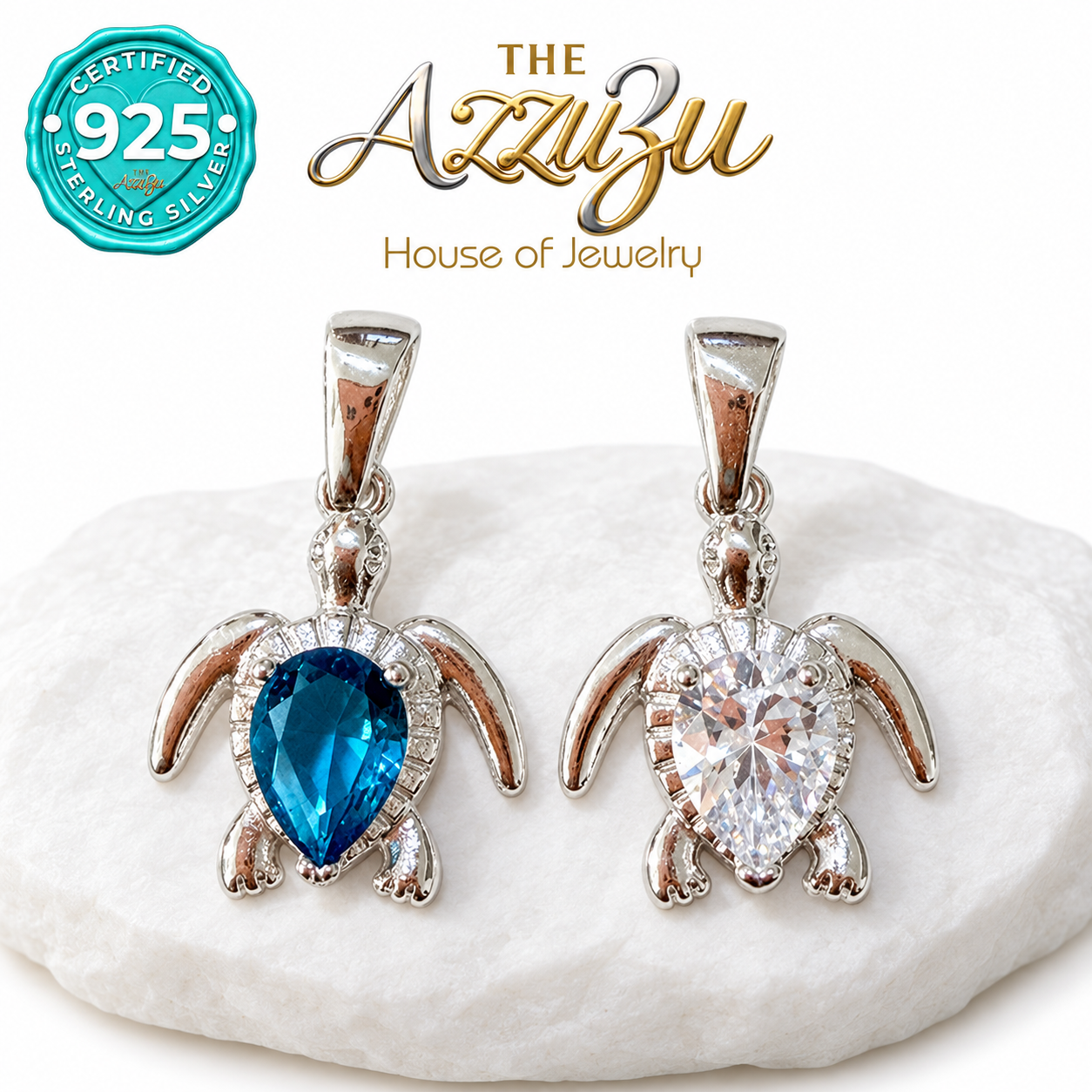 The AzzuZu Sea Turtle Zirconia Pendant in .925 Sterling Silver
