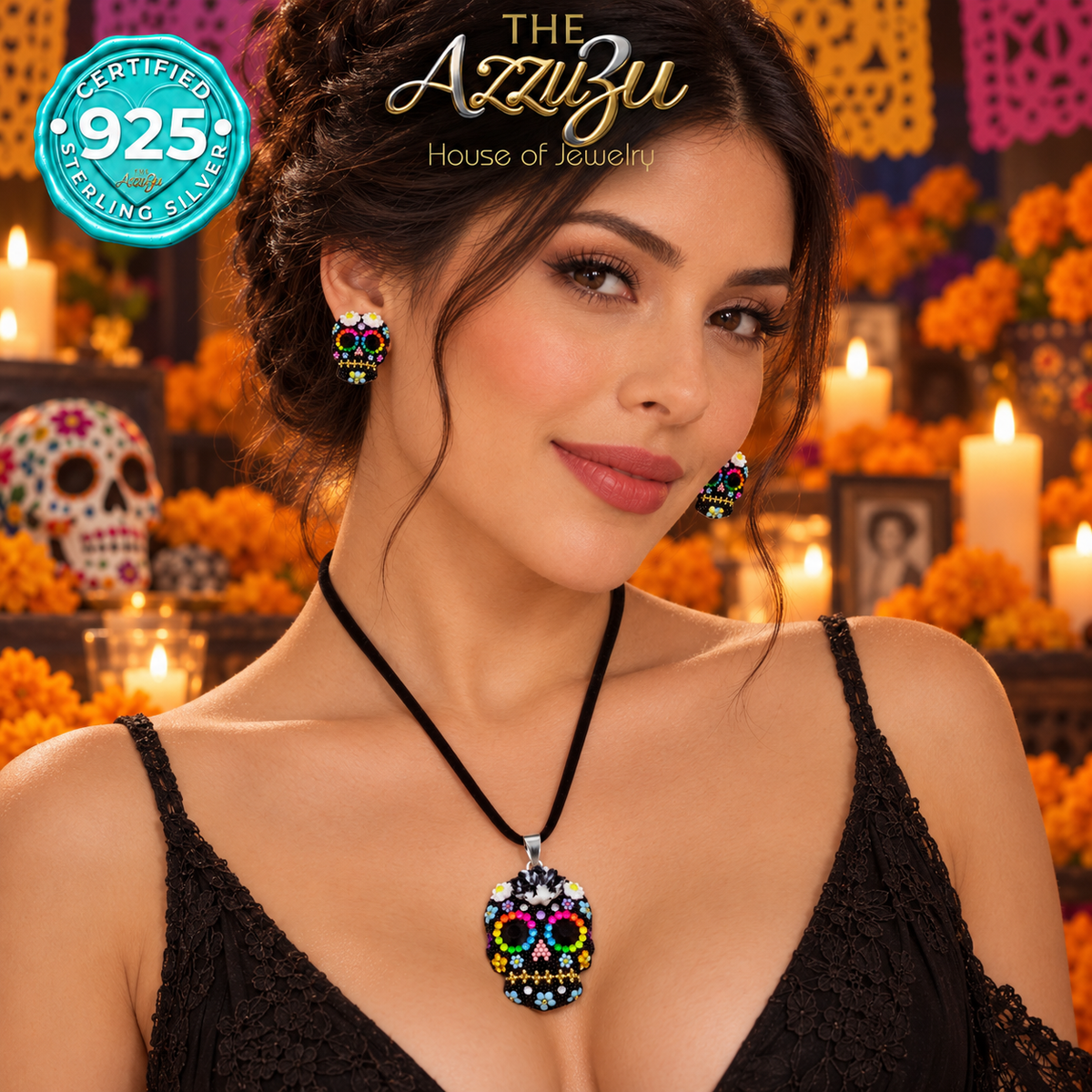 The AzzuZu Catrina Bloom Black & Rainbow Sugar Skull Pendant & Earring Set in .925 Sterling Silver