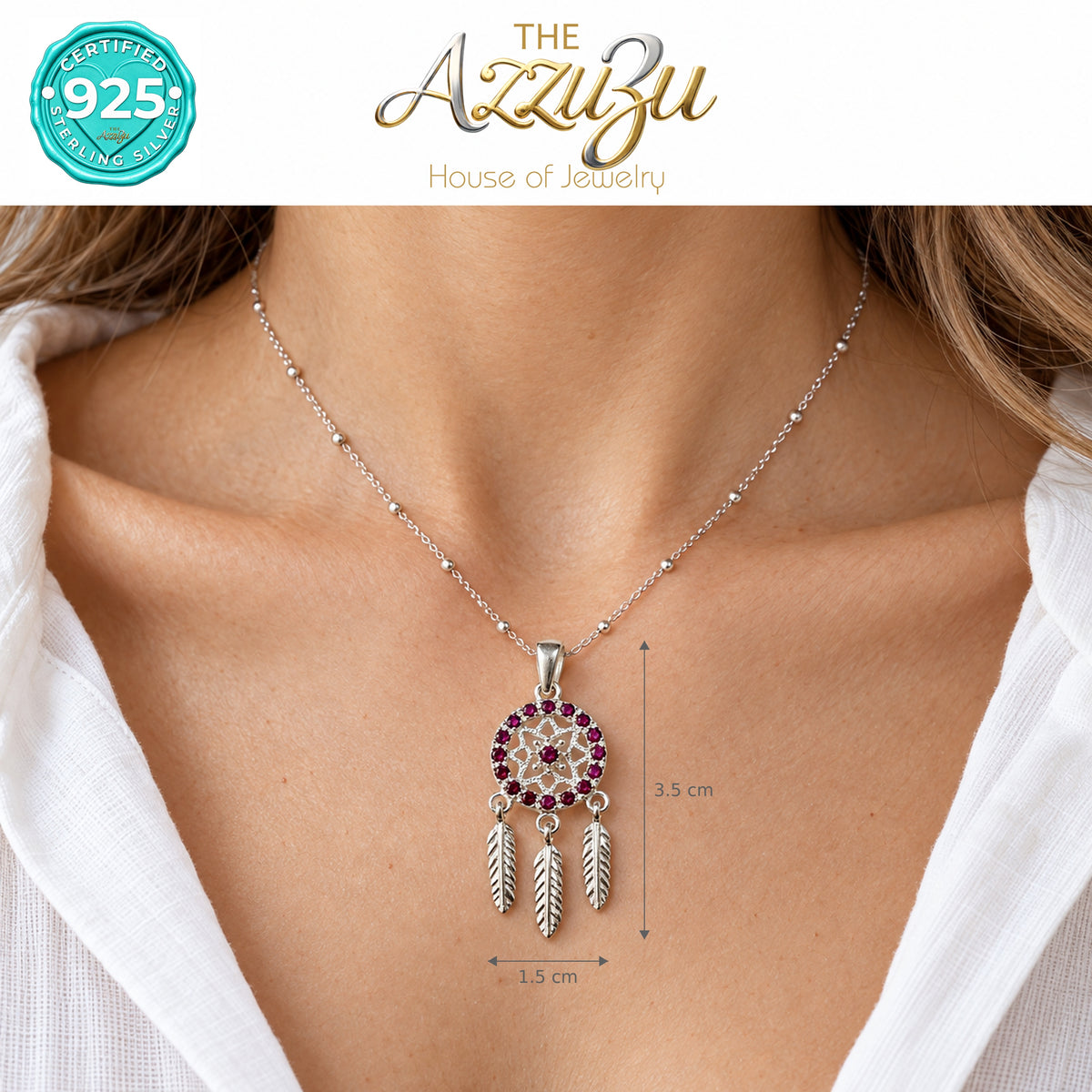 The AzzuZu Ruby-Red Zirconia Dreamcatcher Pendant in .925 Sterling Silver