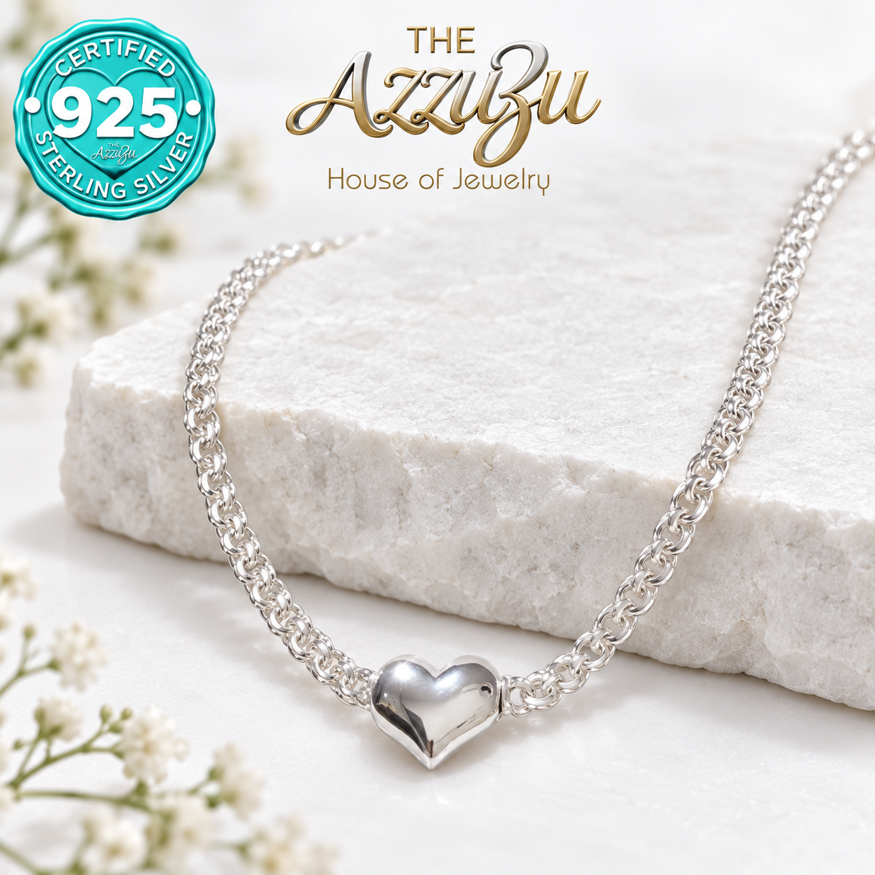 The AzzuZu Puffed Heart Chino Link Necklace in .925 Sterling Silver - 4mm