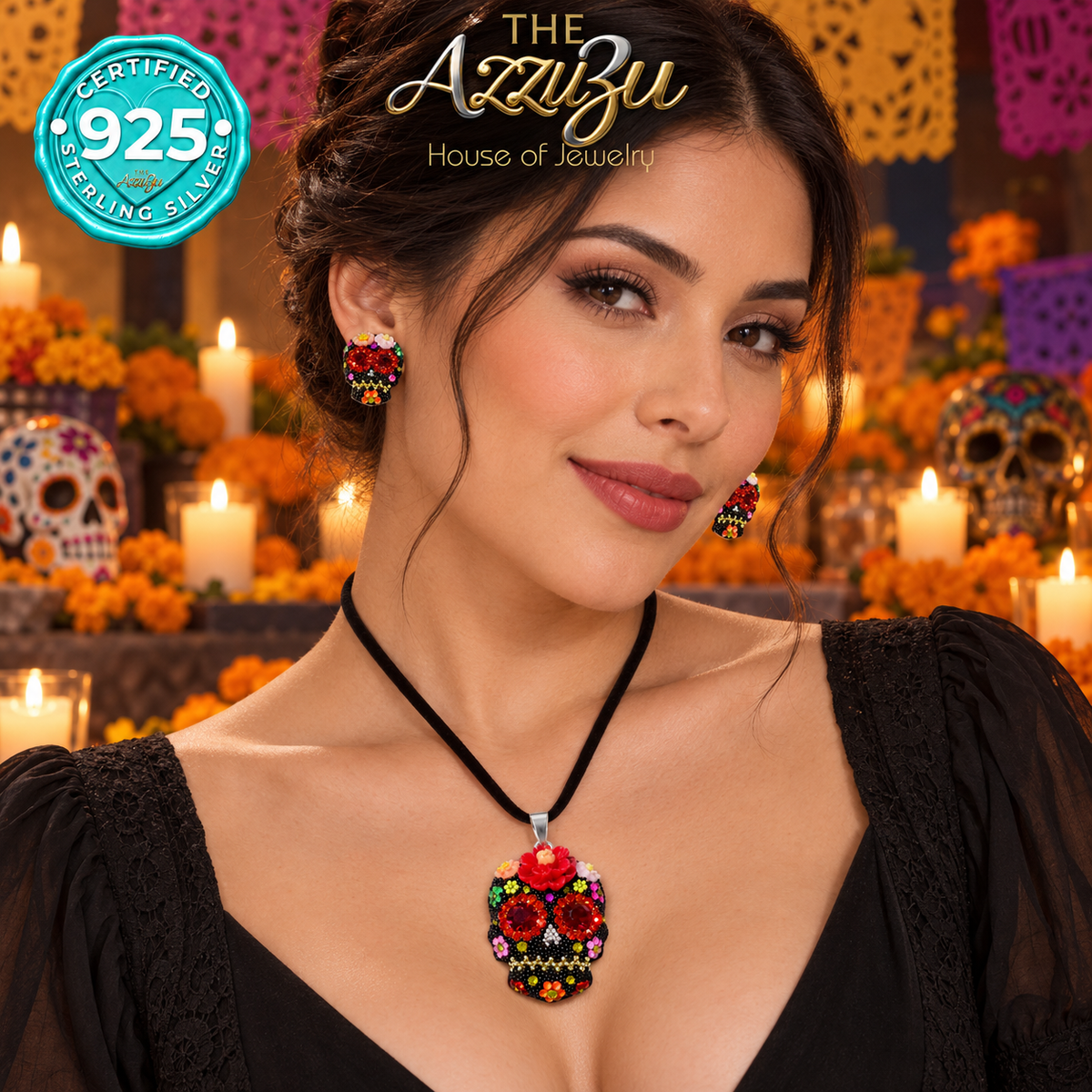 The AzzuZu Catrina Bloom Red & Orange Sugar Skull Pendant & Earring Set in .925 Sterling Silver