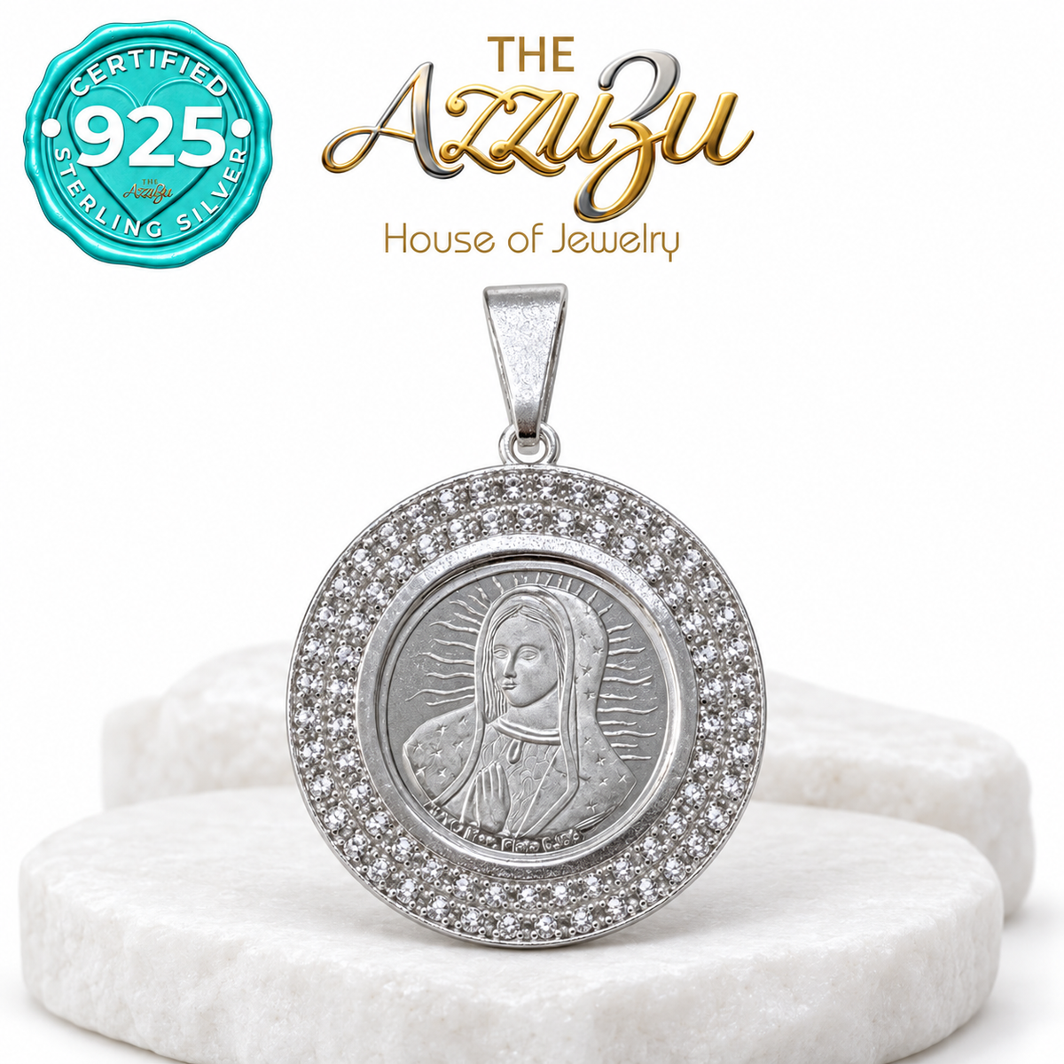 The AzzuZu Devotional Medal Pendant with Zirconia Halo in .925 Sterling Silver