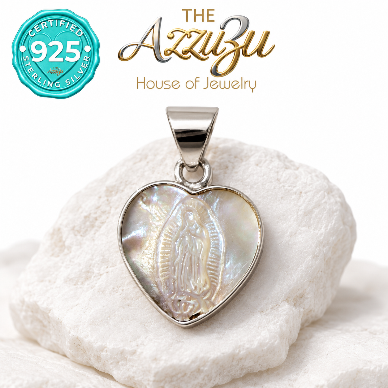 The AzzuZu Our Lady of Guadalupe Mother of Pearl Heart Pendant in .925 Sterling Silver