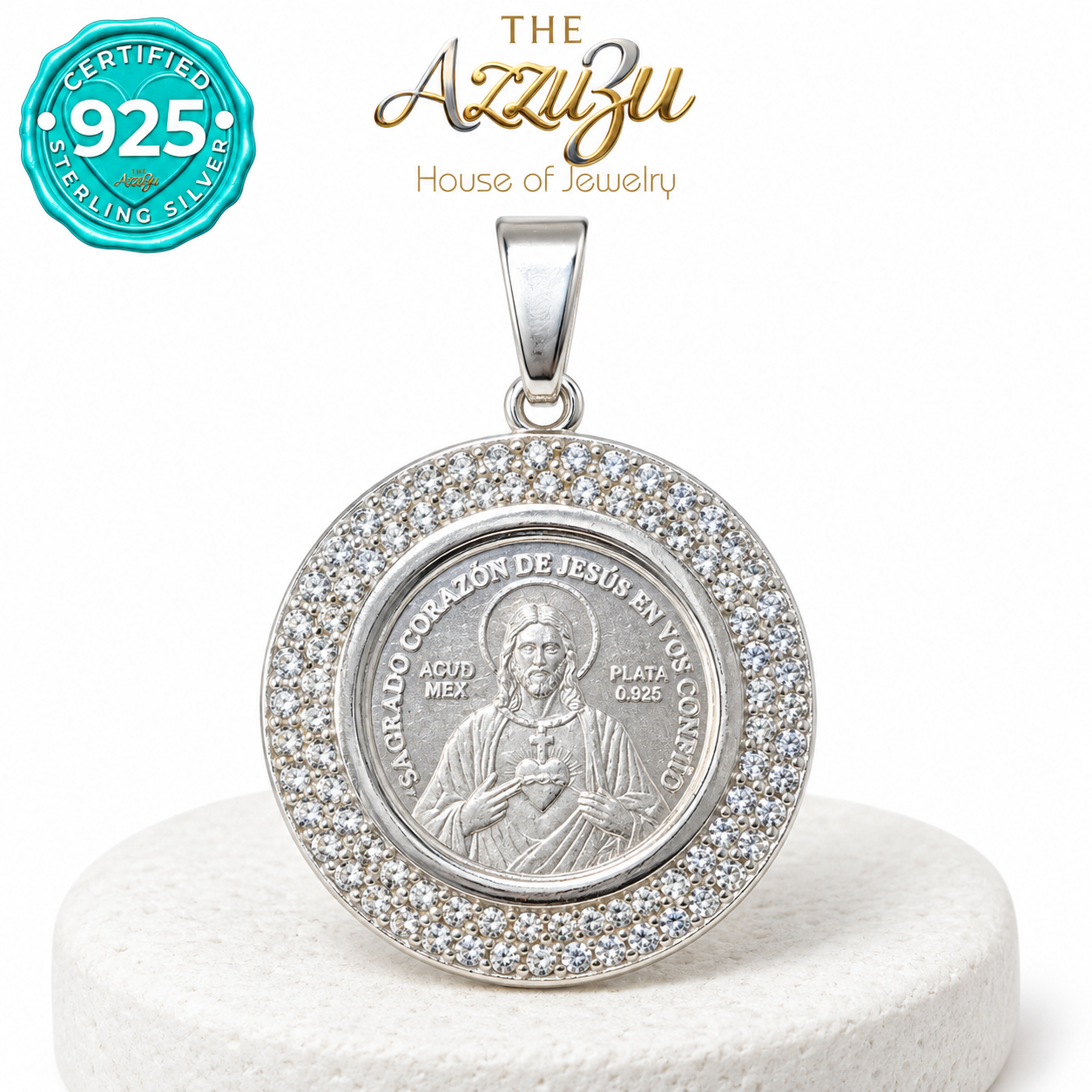 The AzzuZu Devotional Medal Pendant with Zirconia Halo in .925 Sterling Silver