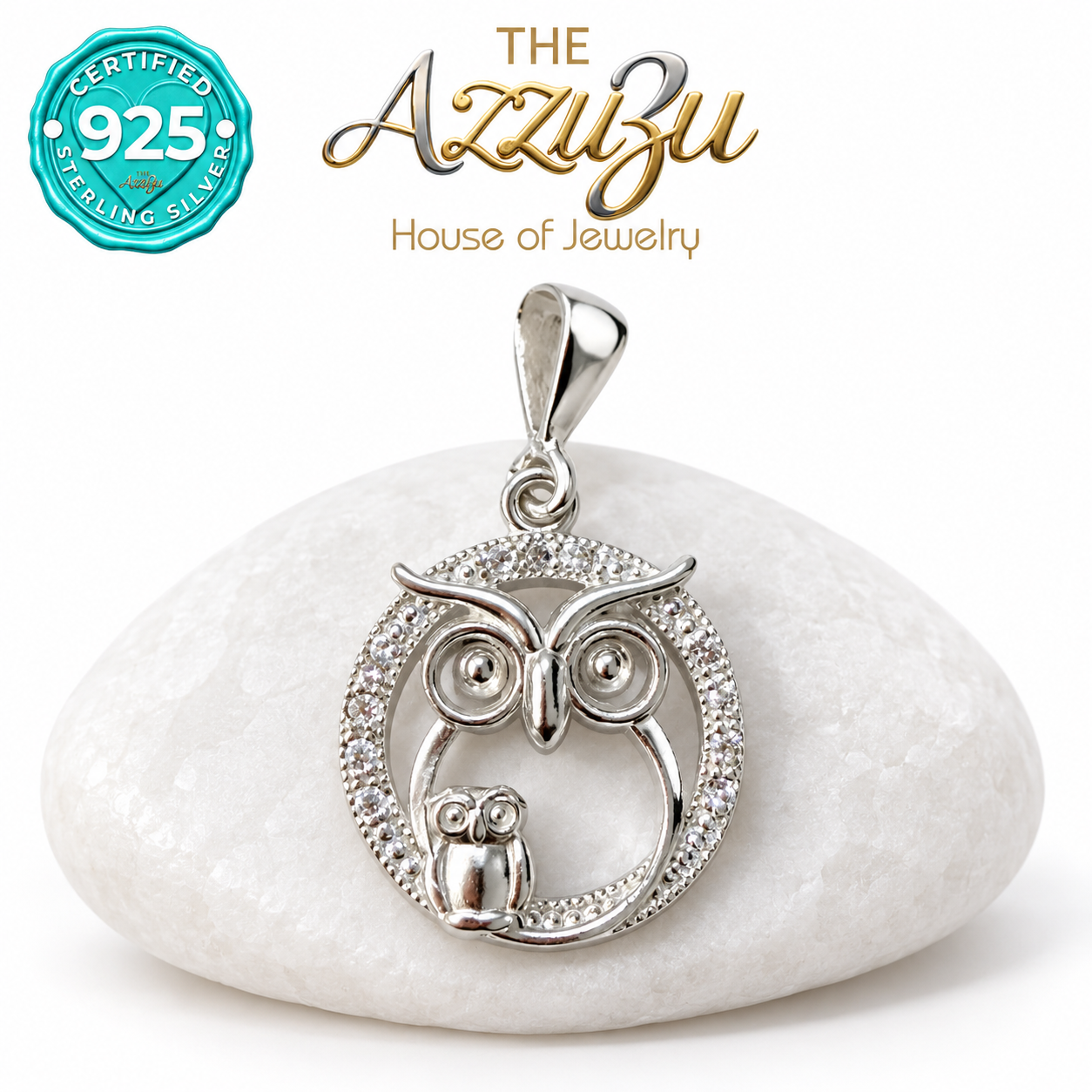 The AzzuZu Owl & Owlet Zirconia Pendant in .925 Sterling Silver