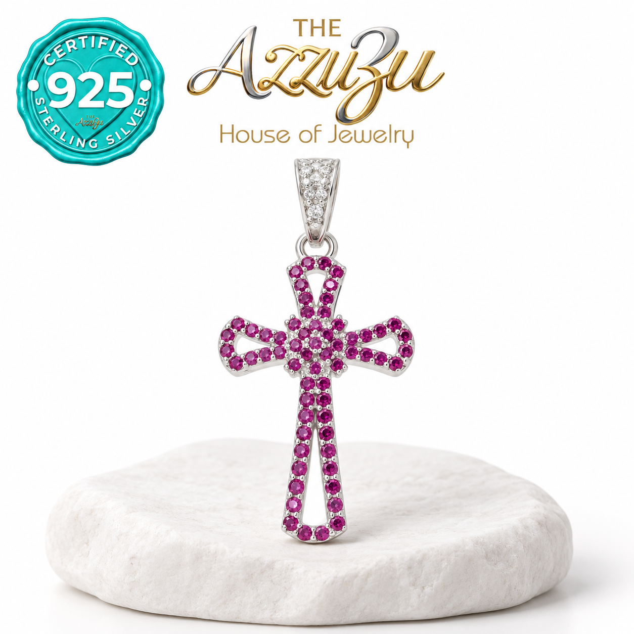 The AzzuZu Deep Ruby Red Zirconia Cross Pendant in .925 Sterling Silver