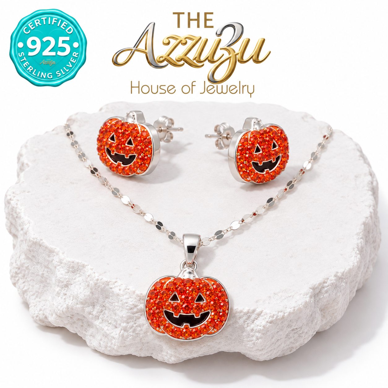 The AzzuZu Pumpkin Glow Orange Zirconia Necklace & Earring Set in .925 Sterling Silver