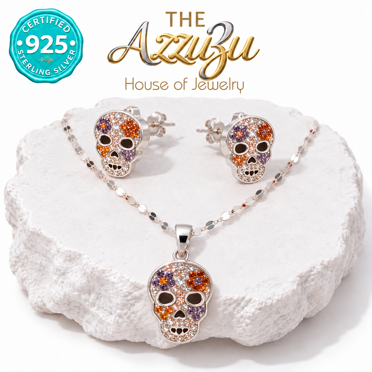 The AzzuZu Catrina Sparkle Orange & Purple Sugar Skull Necklace & Earring Set in .925 Sterling Silver