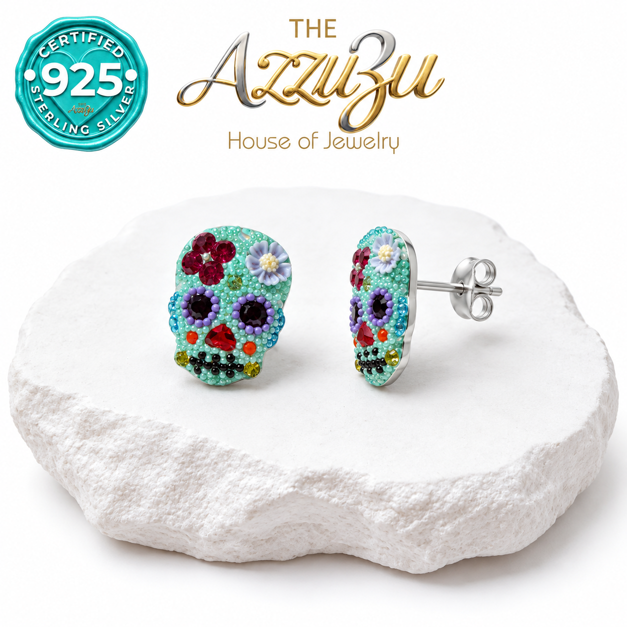 The AzzuZu Catrina Fiesta Mint Green & Lavender Sugar Skull Stud Earrings in .925 Sterling Silver