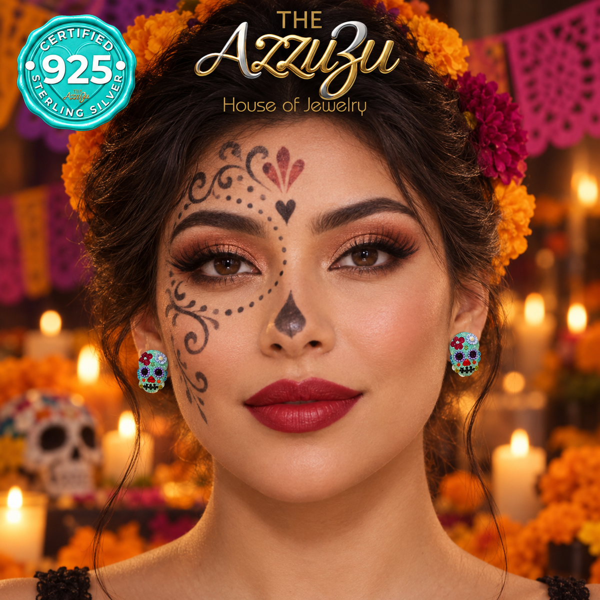 The AzzuZu Catrina Fiesta Mint Green & Lavender Sugar Skull Stud Earrings in .925 Sterling Silver