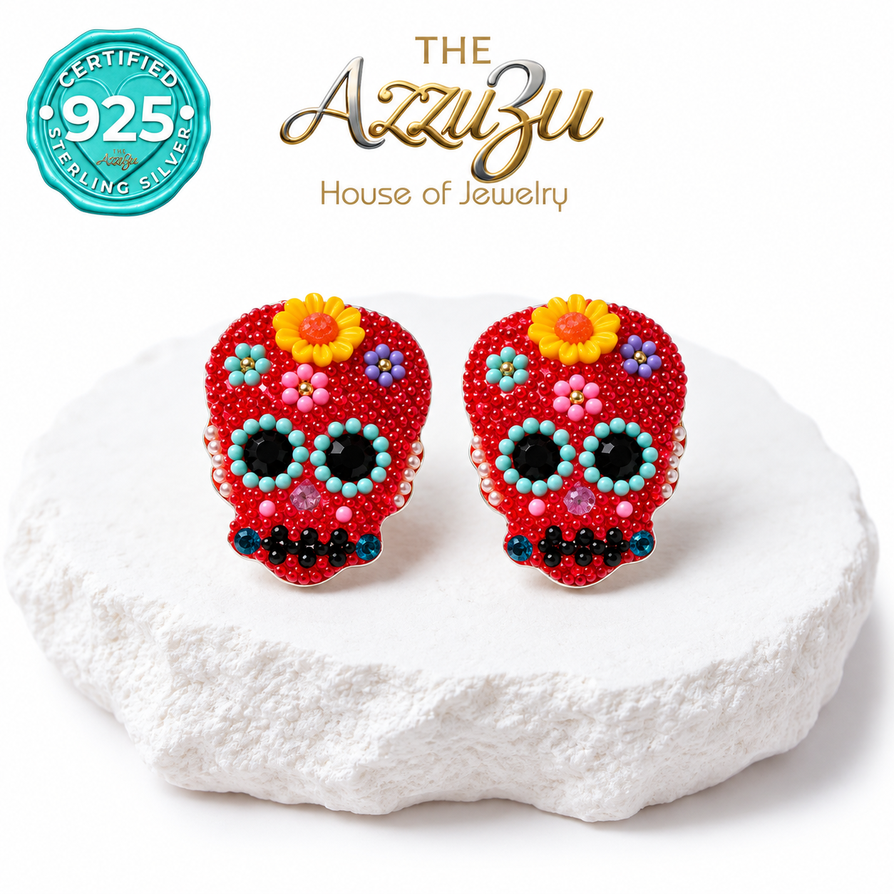 The AzzuZu Catrina Fiesta Hot Pink & Turquoise Sugar Skull Stud Earrings in .925 Sterling Silver