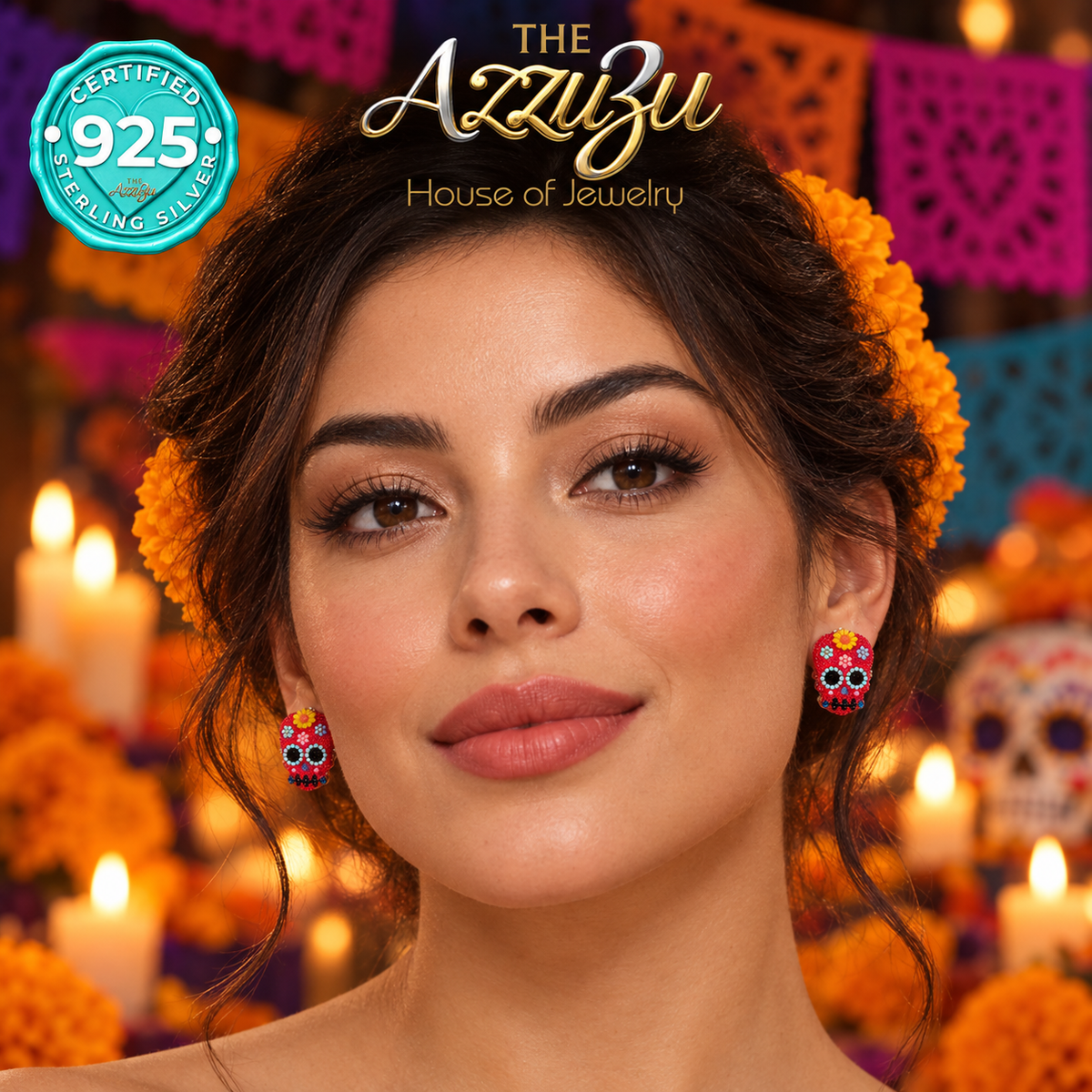 The AzzuZu Catrina Fiesta Hot Pink & Turquoise Sugar Skull Stud Earrings in .925 Sterling Silver