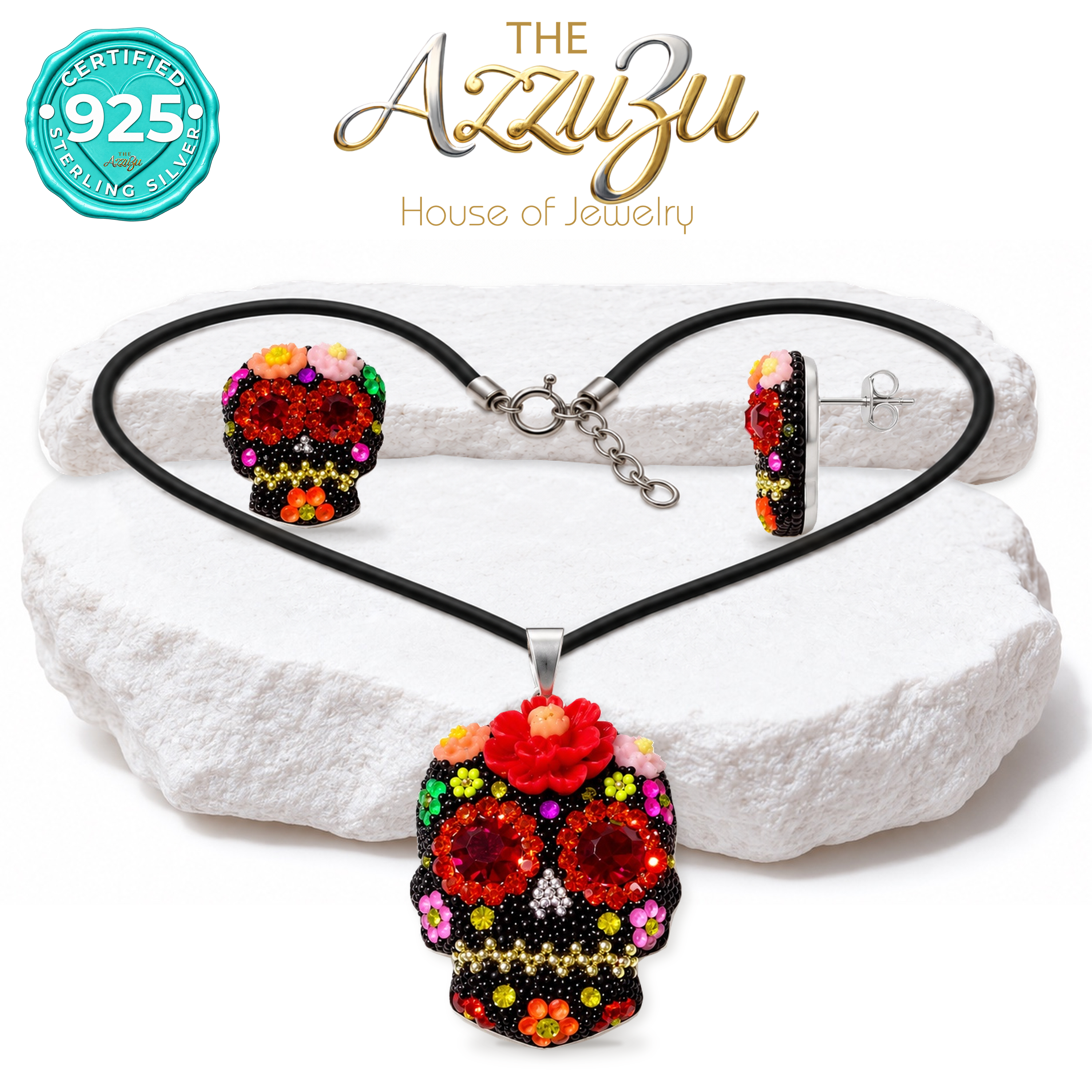 The AzzuZu Catrina Bloom Red & Orange Sugar Skull Pendant & Earring Set in .925 Sterling Silver