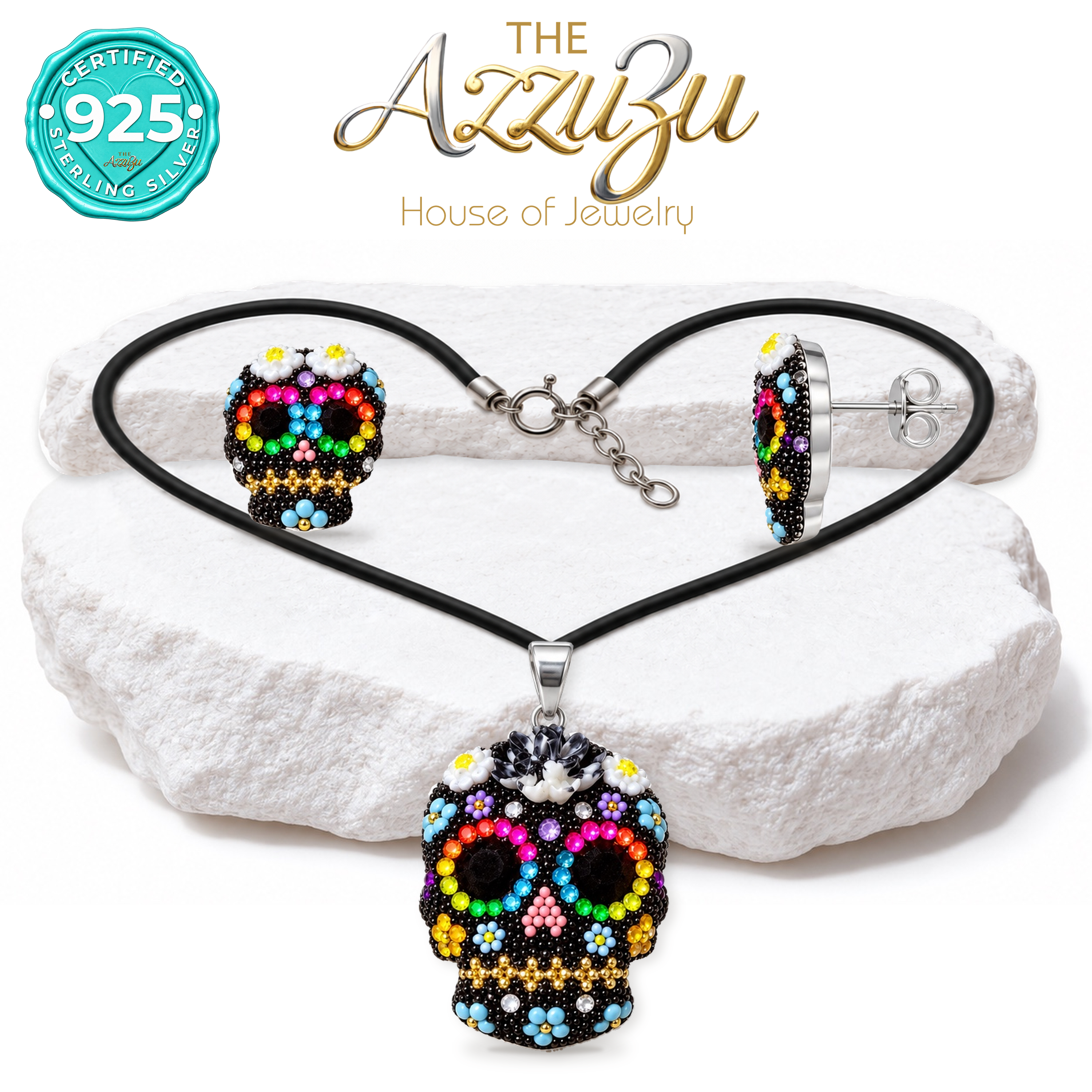 The AzzuZu Catrina Bloom Black & Rainbow Sugar Skull Pendant & Earring Set in .925 Sterling Silver