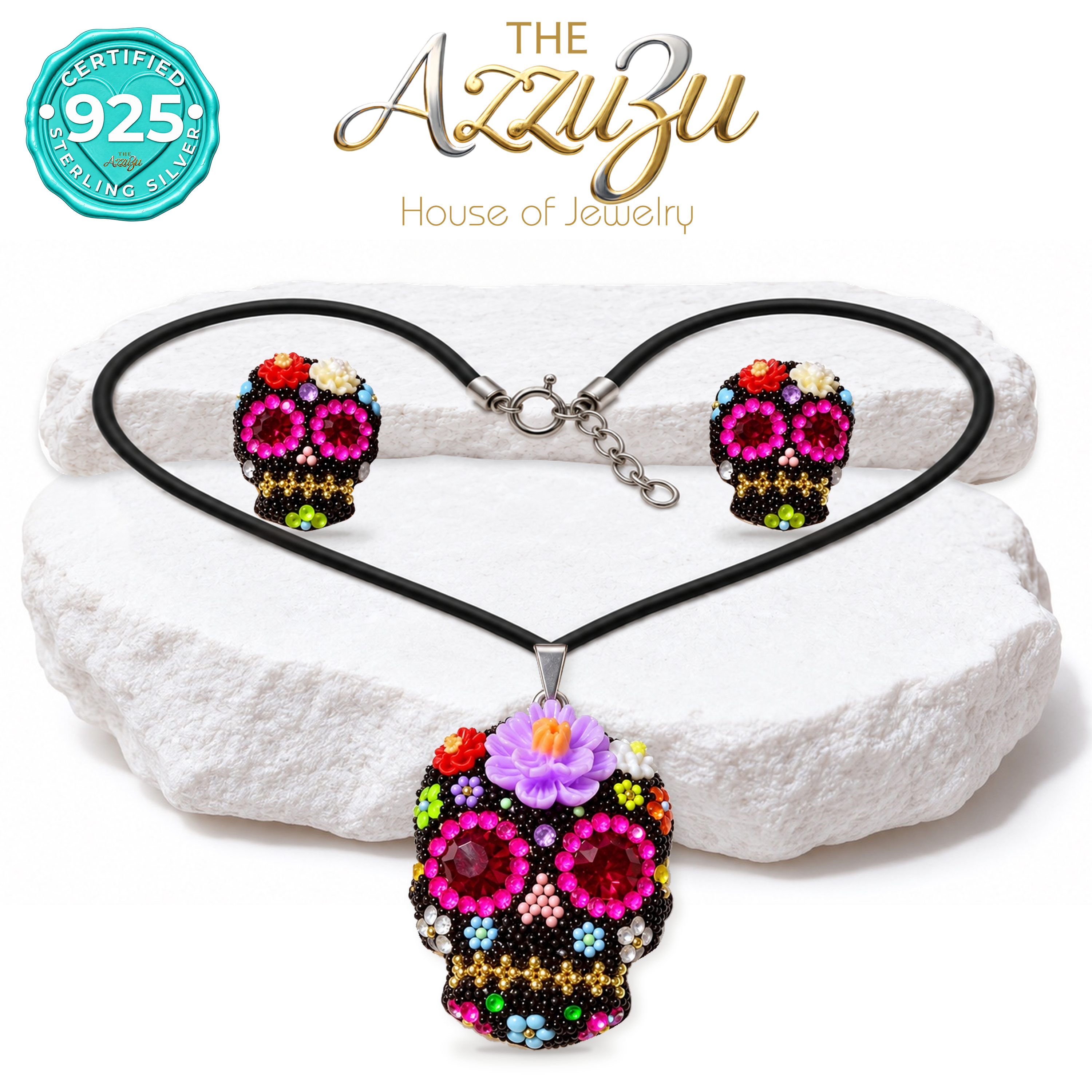 The AzzuZu Catrina Bloom Black & Fuchsia Sugar Skull Pendant & Earring Set in .925 Sterling Silver