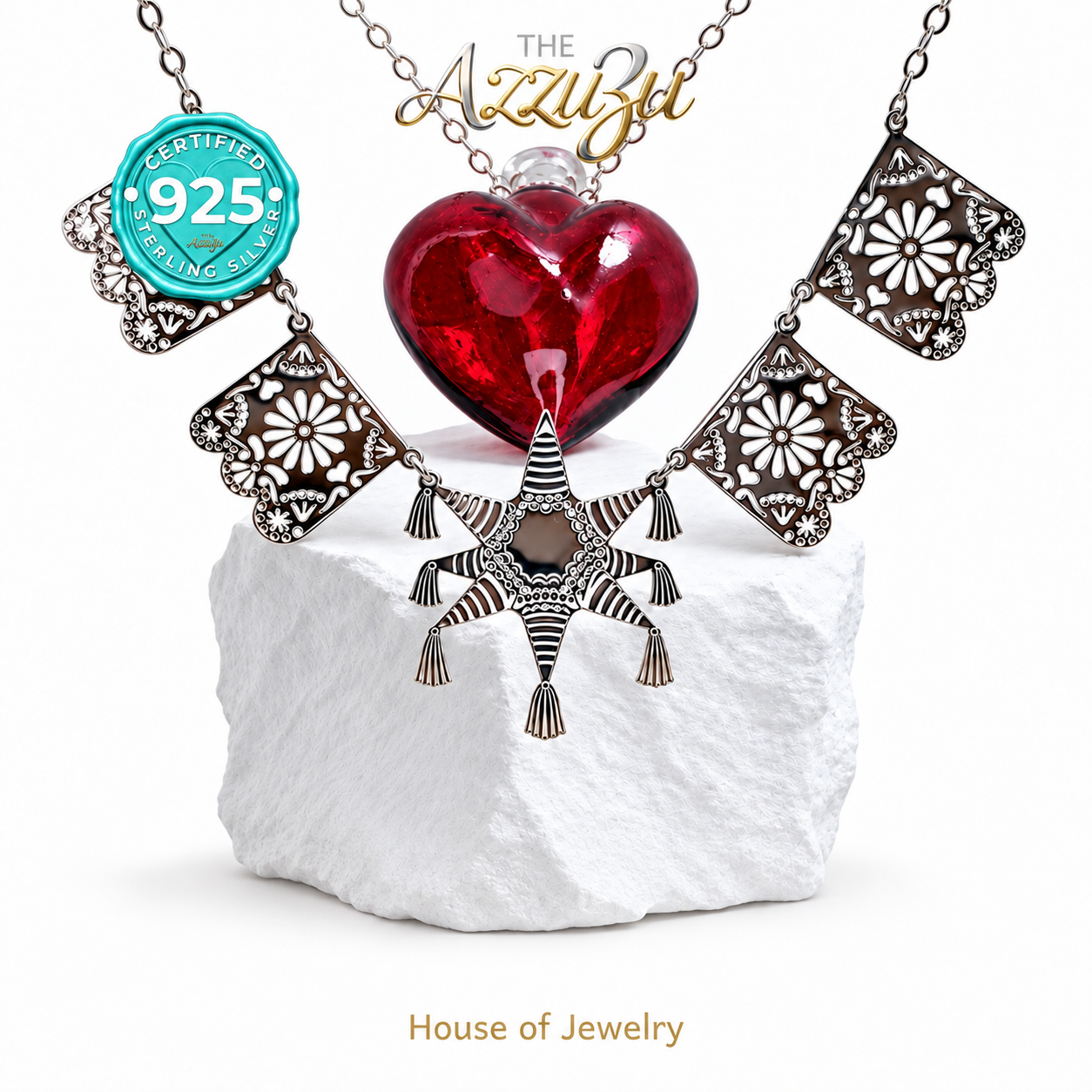 The AzzuZu Handmade 925 Sterling Silver Mexican Traditions Necklace | Papel Picado & Piñata