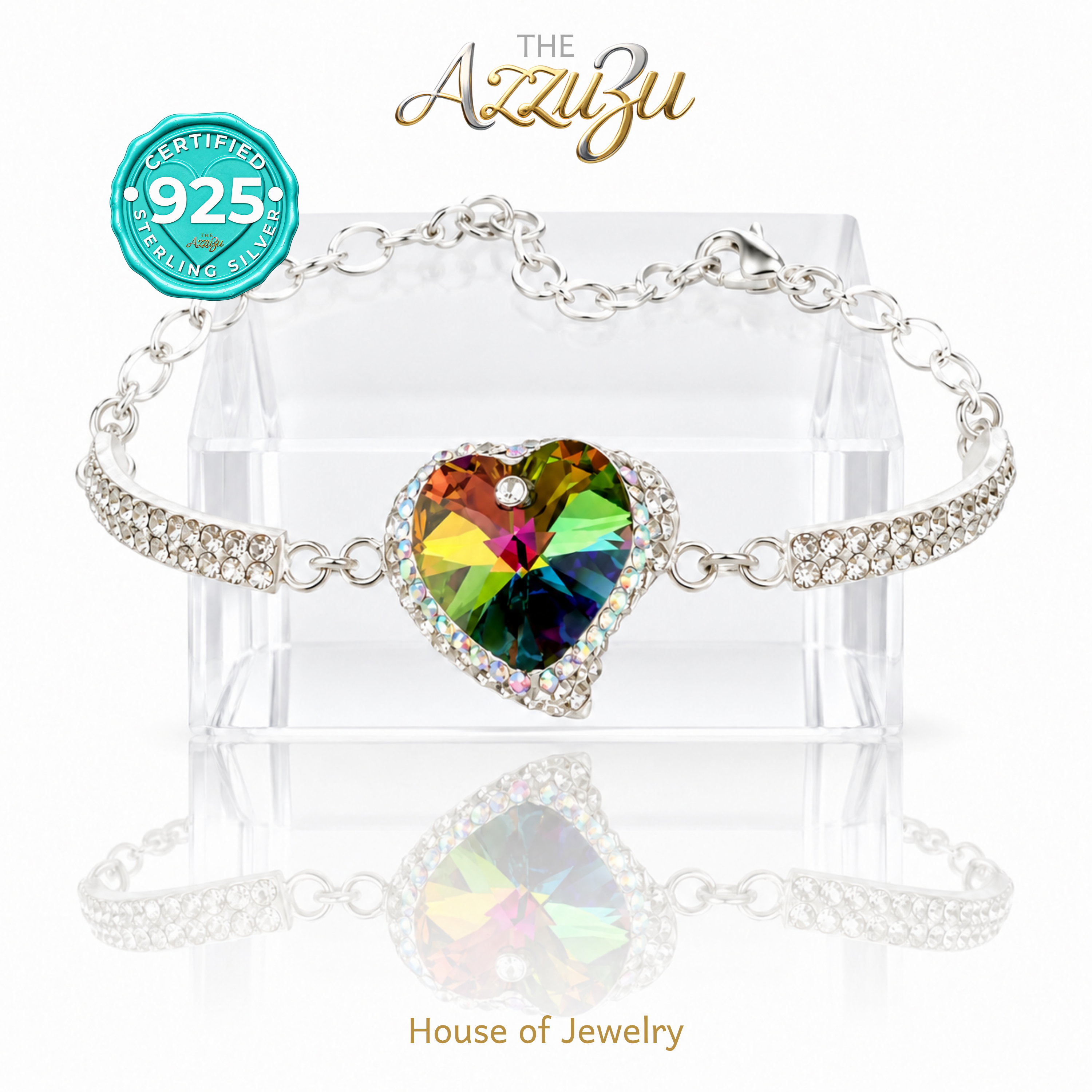 The AzzuZu 925 Sterling Silver | Handcrafted Mystic Crystal & CZ Heart | Bracelet