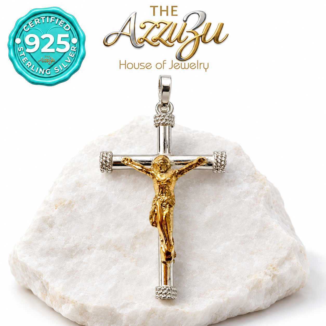 The AzzuZu Two-Tone Crucifix Pendant in .925 Sterling Silver with 14K Gold Plating
